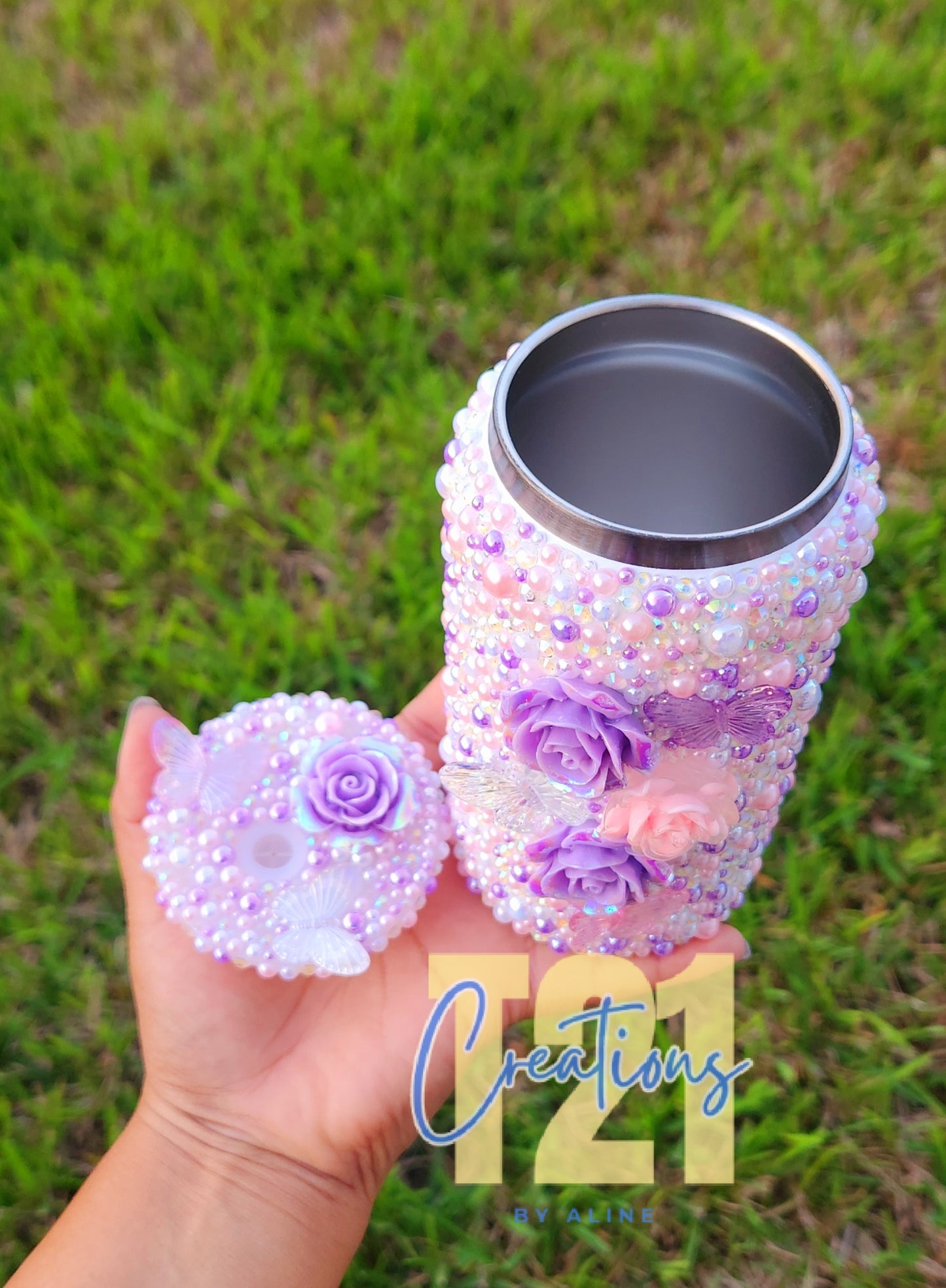 Purple and pink rhinestone tumbler