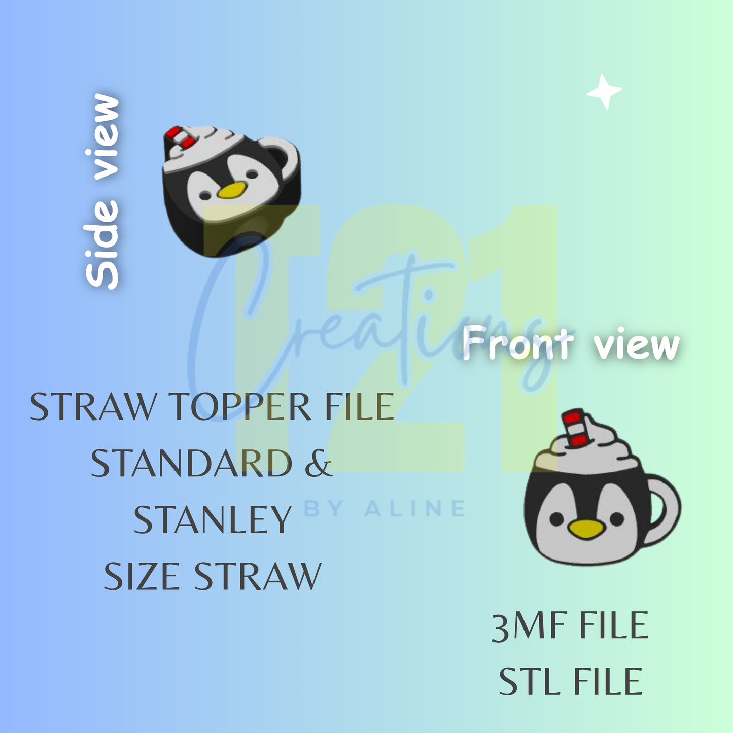 PENGUIN MUG STRAW TOPPER STL FILE